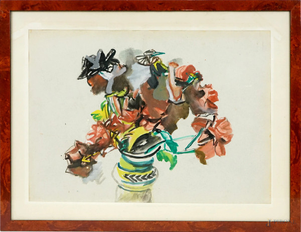 Vaso con fiori, acquarello su carta, cm 48x68, XX secolo, entro cornice