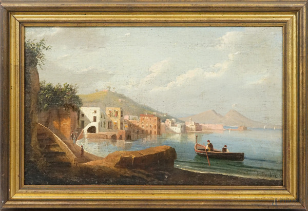 Veduta del Golfo di Napoli, olio su tela, cm 30x50, firmato, entro cornice