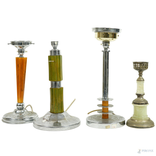 Lotto composto da cinque lampade da tavolo, manifatture e materiali diversi, XX secolo, altezza max cm 36, (difetti)