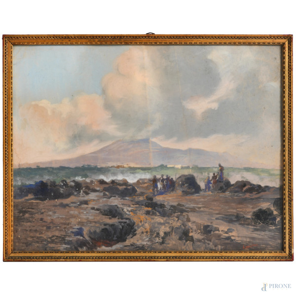 Golfo di Napoli, XX secolo, tecnica mista su carta, cm 36x46,5, firmato in basso a destra, (ondulazioni della carta, segni di piegature e tracce di umidità)