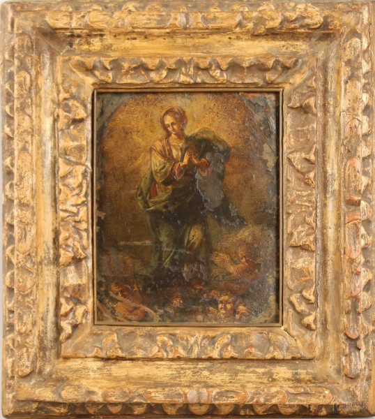 Pittore del XVII sec, Madonna con cherubini, olio su rame, cm. 22,5x17,5, entro cornice coeva, (cadute di colore).