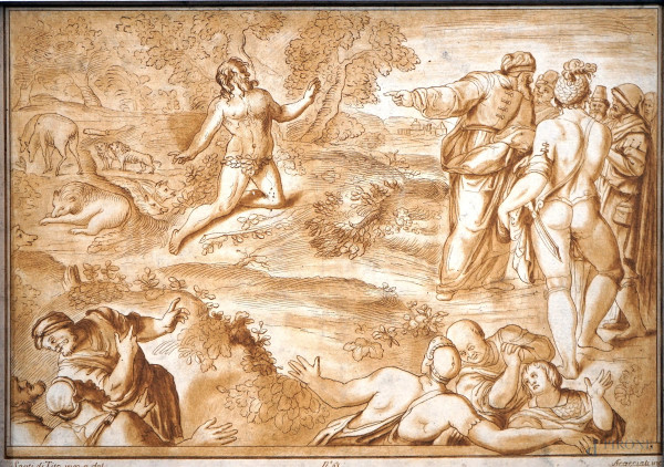 Andrea Scacciati (1725- 1771), Paesaggio con figure, incisione da Santi Tito, cm 28x38