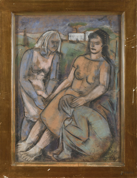 Tre generazioni, XX secolo, disegno a tecnica mista su carta, cm  50x70, firmato in basso a destra, entro cornice, (segni di usura, tracce di piegatura, lacerazioni, difetti)