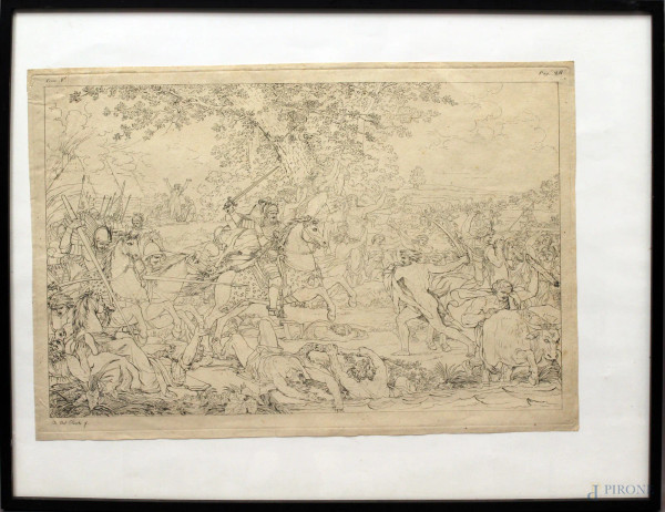 Scena di battaglia, incisione del XIX sec., cm 29 x 41.