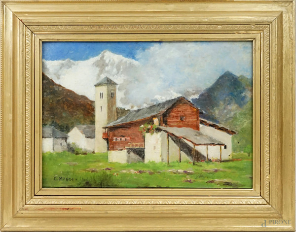 Paesaggio montano con casolare, olio su cartone, cm 24x34, firmato, entro cornice.