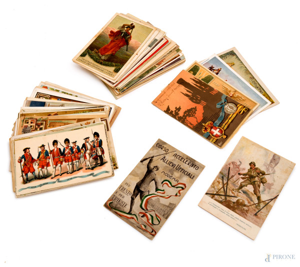 Lotto di 107 cartoline a soggetto militare, misure massime cm 14,5x9,5