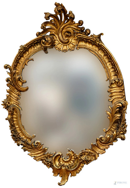 Specchiera in legno intagliato e dorato a motivi di volute, XIX secolo, misure ingombro cm 150x100, (segni del tempo).