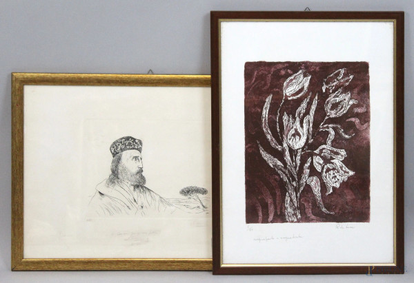 Lotto di due litografie raffiguranti tulipani e ritratto di Garibaldi di tre quarti, firmate R.de Luca e Russo, es. 5/80 e 10/90, misure max cm 34x49, entro cornici, (macchia).