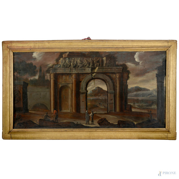 Scuola Romana del XVIII secolo, Paesaggio con architetture e rovine, olio su tela, cm 63,5x126 entro cornice