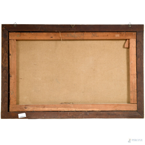 Paesaggio fluviale con figure, XX secolo, olio su tela, cm 62x100, firmato in basso a destra, ent...