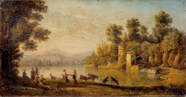 Scuola italiana del XIX secolo, paesaggio con danzatori, olio su tela, cm 22,2x42,3, firmato in basso a destra