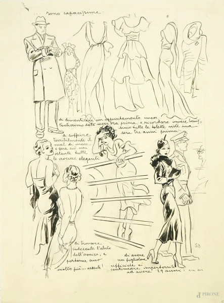 Luigi  Bompard - Esposizione di moda, china su carta, cm 30x22
