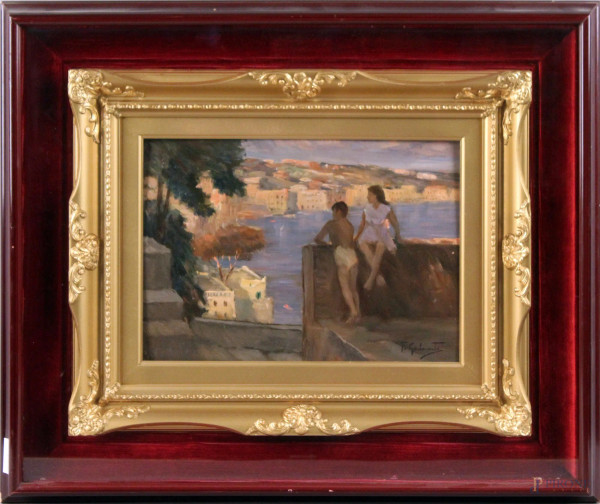 Francesco Galante - Paese costiero con figure, olio su cartone, cm. 24,5x35, entro cornice.