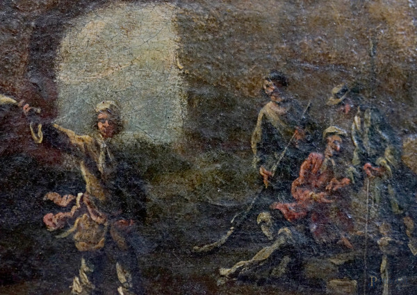 Scuola napoletana del XVII secolo, Coppia di paesaggi con figure, olio su tela, cm 22,8x32,5, ent...