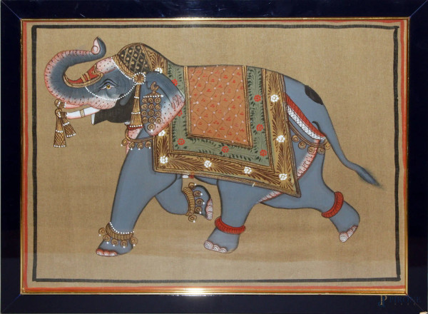 Elefante, dipinto su tessuto, cm. 35x48, entro cornice.