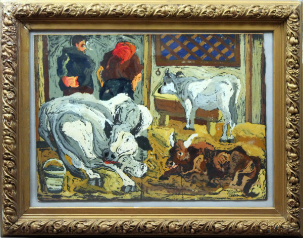 Giuseppe Serafini, interno di stalla, olio su tavola, 50x70 cm, entro cornce.