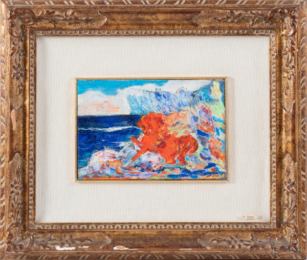 Aligi Sassu (1912-2000), Il rosso grande cavallo, 1985, olio su cartone, cm 16,5x25, firmato in basso a sinistra, titolato, firmato e datato al retro,  entro cornice