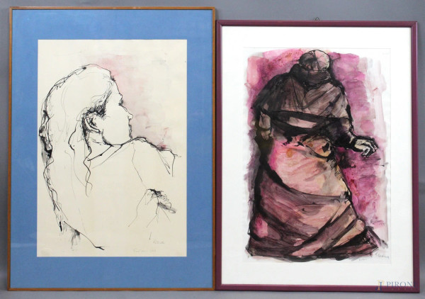 Lotto di due dipinti a tecnica mista su carta raffiguranti volto e figura, altezza cm.50x35, firmati Fontana, anni &#39;70, entro cornici.