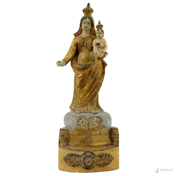 Vergine di Marsiglia detta Santibelli, scultura in terracotta dipinta e dorata, cm h 39, fine XIX-inizi XX secolo, (difetti)