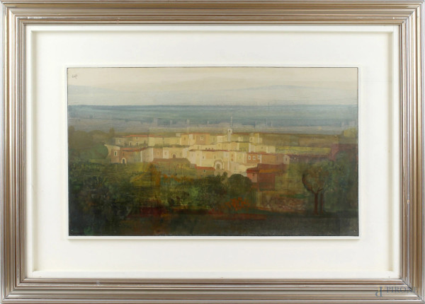 Gianfranco  Caffi - Franciacorta paesaggio, tecnica mista su compensato, cm 29x50, entro cornice