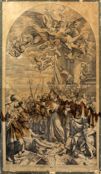 Miracolo di S.Antonio da Padova, incisione del Lorenzini riportata su tela, cm 96 x 56.(macchie sulla carta).