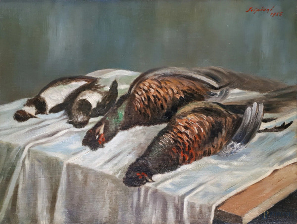 Scipioni (XX sec.) Natura morta con cacciagione, 1956, olio su cartone telato, cm 30x40, firmato e datato