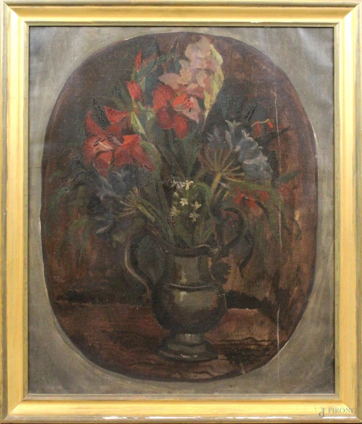 Vaso con fiori, olio su tela, cm. 73x60, met&#224; XX secolo, entro cornice.