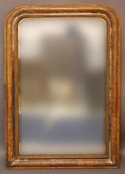 Specchiera rettangolare in legno dorato a mecca, Francia, XIX sec., cm 103 x 69.