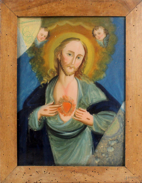Sacro cuore di Gesù, dipinto sottovetro, cm 35,5x25,5, XX secolo, entro cornice (difetti)