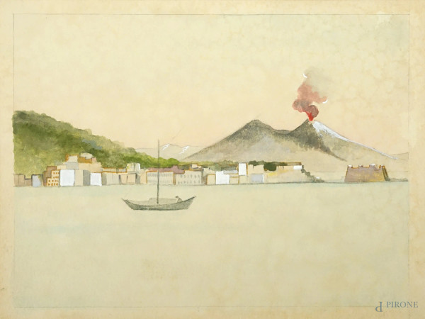 Golfo di Napoli, acquarello su carta, cm 12x16, inizi XX secolo.