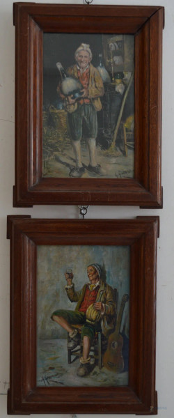Coppia di dipinti a soggetti d&#39;anziani ad olio su tavola, 31x20 cm, entro cornice firmato G. Giardiello.