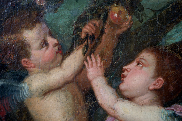 Scuola fiamminga del XVII-XVIII secolo, Riposo durante la fuga in Egitto, olio su tela, cm 110x16...