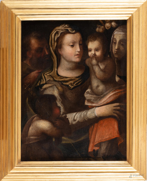 Madonna con Bambino, San Giuseppe e Sant'Anna, XVIII secolo, olio su tela, cm 73x55, entro cornice, (segni di usura, abrasioni, craquelure)
