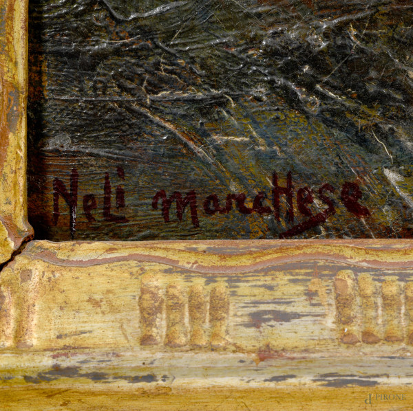 Neli Marchese (XIX-XX secolo), Al tramonto, olio su tela, cm 80,5x100, firmato in basso a sinistr...