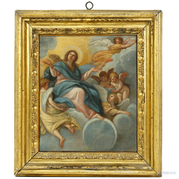 Scuola napoletana del XVIII secolo, Immacolata Concezione, olio su tela, cm 26,8x22,5, entro cornice Salvator Rosa