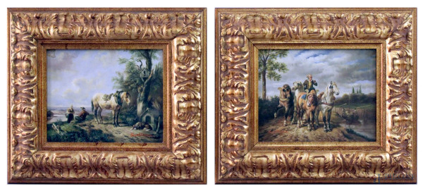 Coppia dipinti raffiguranti paesaggi con cavalli e figure, olio su tavola, cm. 20x25, entro cornici.