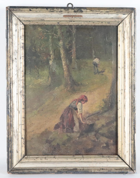Figure nel bosco, XIX secolo, olio su tela, cm 34x24, entro cornice, (segni di usura, lacerazioni, abrasioni, difetti, tracce di umidità)
