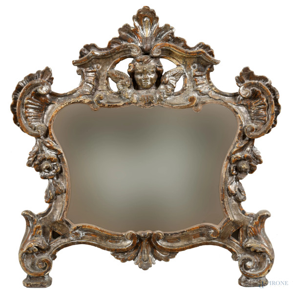 Cartagloria adattata a specchiera in legno intagliato e dorato, XX secolo, cm 55,5x53, luce cm 25x36, (segni di usura, difetti, cadute di doratura, rotture, restauri, fori di tarlo)