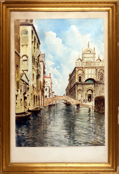 Scorcio di Venezia, acquarello su carta, cm 50x36, firmato, entro cornice.