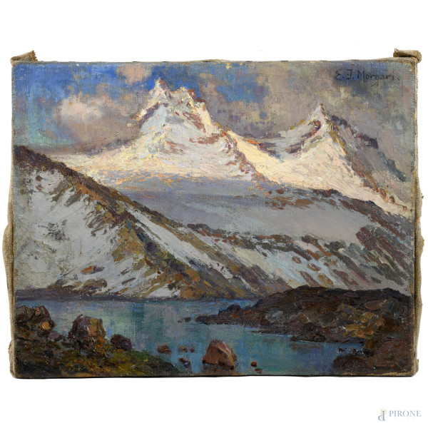 Paesaggio montano, XIX - XX secolo, olio su tela, cm 32,5x41,5, firmato in alto a destra, entro cornice, (sollevamenti di colore, craquelure, segni di usura)