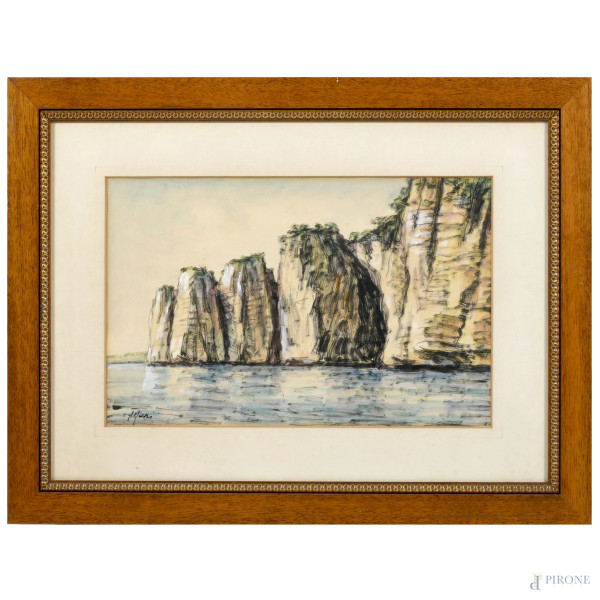 Veduta di scogliera, XX secolo, tecnica mista su carta, cm 37x51 compreso passepartout, firmato in basso a sinistra, entro cornice