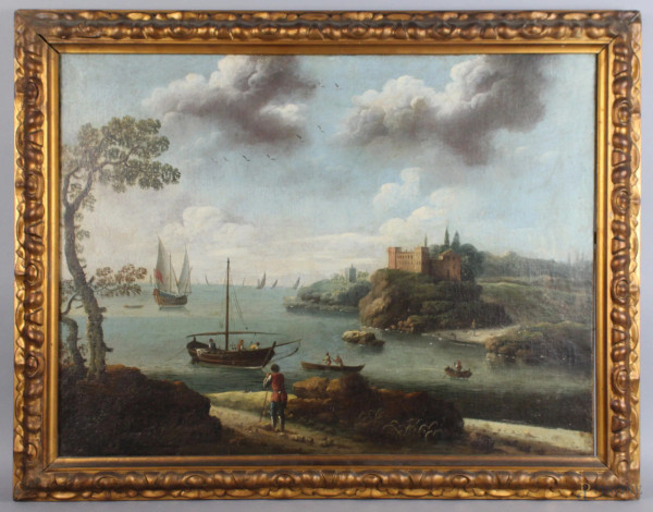 Scuola Veneta del XVIII secolo, Paesaggio costiero con imbarcazioni, olio su tela, cm. 49,58x65, entro cornice.
