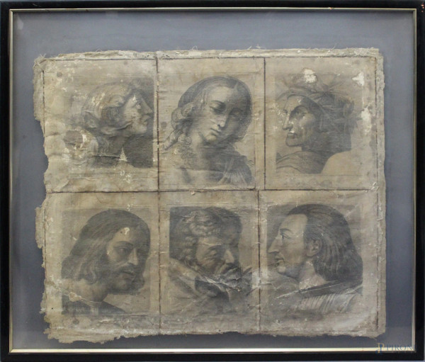 Lotto composto da sei antiche incisioni raffiguranti personaggi storici, cm 85 x 95, XVIII sec, entro unica cornice.