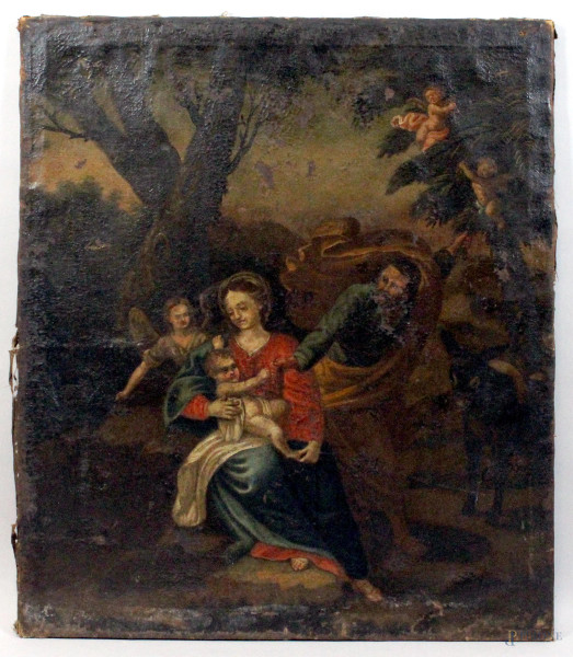Pittore del XVIII secolo, La fuga in Egitto, olio su tela, cm. 82x70, (cadute di colore).