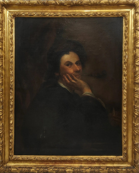 Ritratto d'uomo con pipa, olio su tela, cm 94x74, XIX secolo, entro cornice.