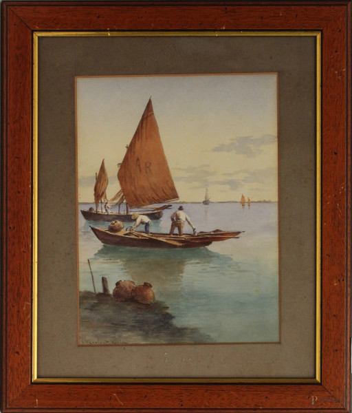 Marina con imbarcazioni e pescatori, acquarello su carta, cm. 28x20,5, firmato, entro cornice.