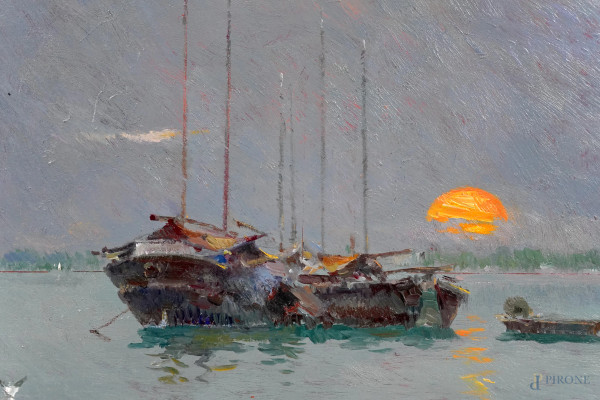 Laguna di Venezia, XIX secolo, olio su tavola, firmato, cm 31x45,2, entro cornice