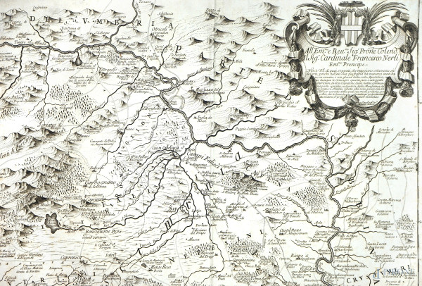 Domenico De Rossi, Frammento di carta geografica dell'Alto Lazio, cm 41,6x58,5, con dedica al Cardinal Francesco Nerli