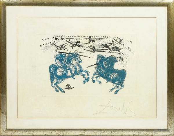 Salvator Dalì (Figueres, 1904 - 1989), Combattimento cavalleresco, acquaforte, "EA" per Epreuve d'Artiste (prova d'artista), cm 56x76, entro cornice