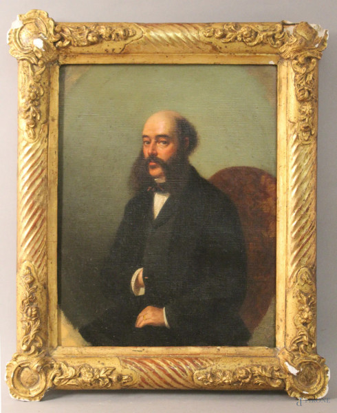 Ritratto d&#39;uomo, olio su tela, 30,5x23 cm, XIX sec, entro cornice.
